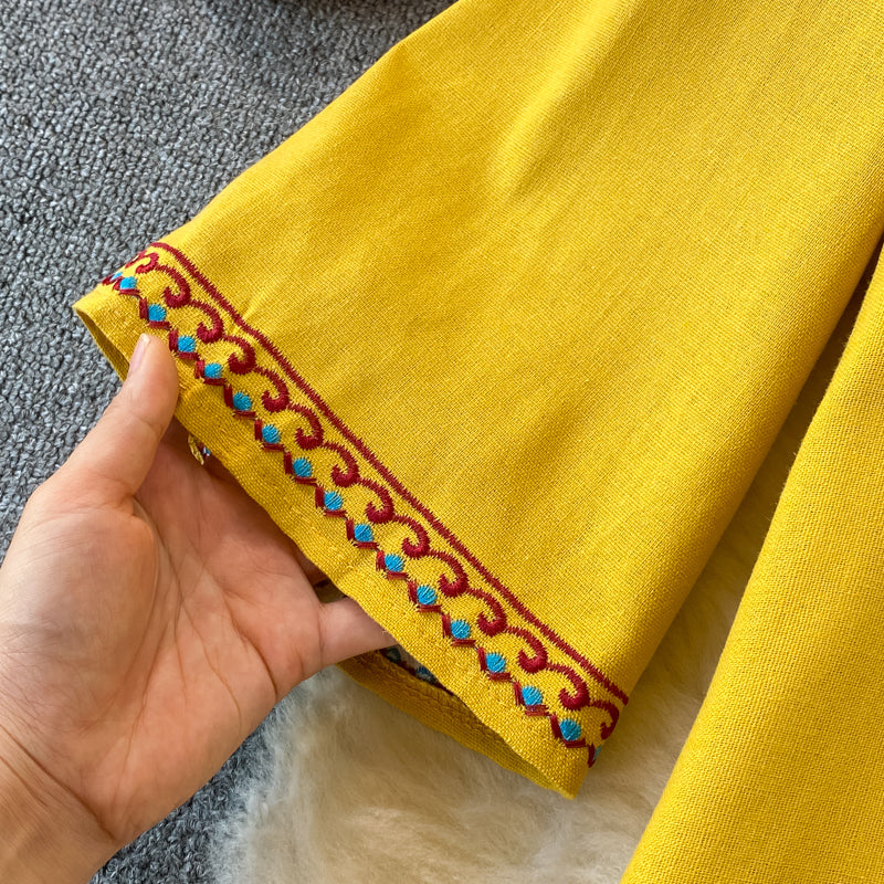Women Embroidered Vintage V-Neck Dress