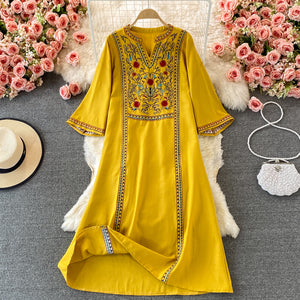 Women Embroidered Vintage V-Neck Dress