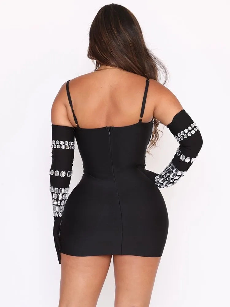 Women Diamond Bodycon Spaghetti Strips Mini Dress