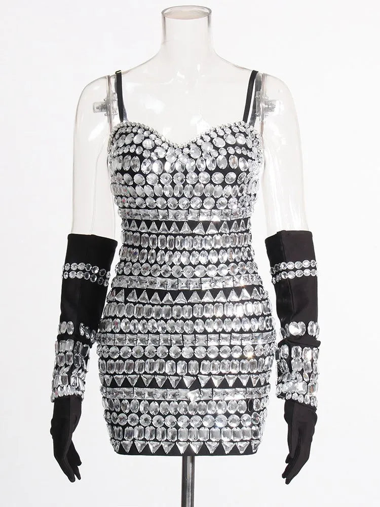 Women Diamond Bodycon Spaghetti Strips Mini Dress