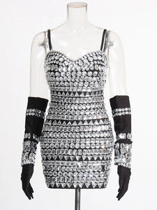 Women Diamond Bodycon Spaghetti Strips Mini Dress