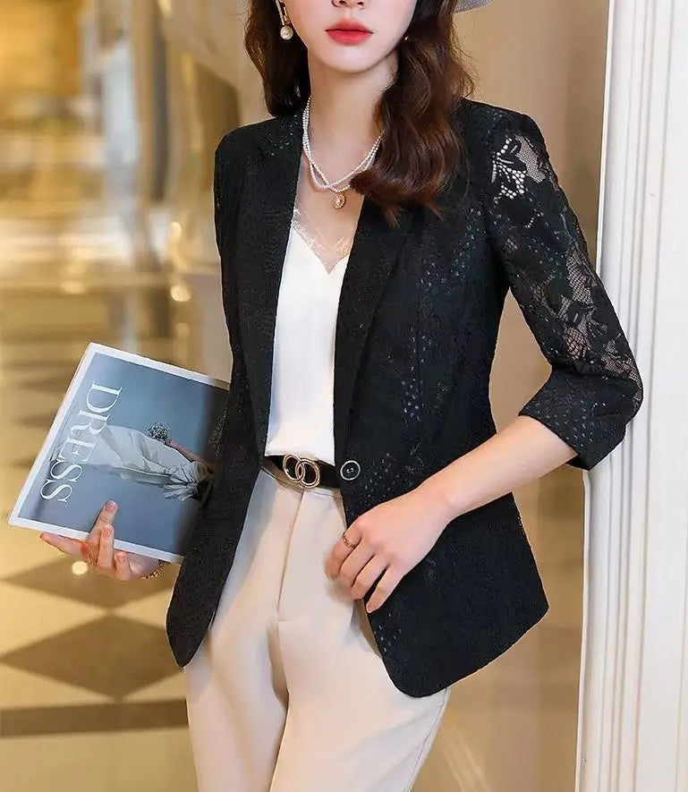 Women Elegant Lace Hollow Out Thin Summer Blazer