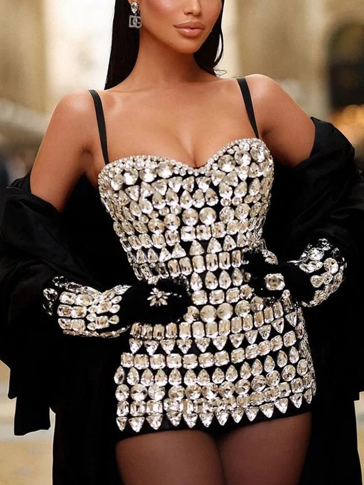 Women Diamond Bodycon Spaghetti Strips Mini Dress