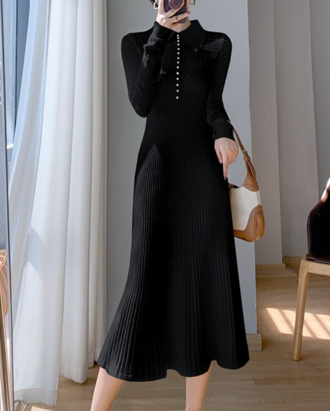 Women Slim A-line Knitted Mid-length Sweater Dress