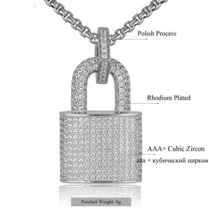 Unisex Crystal Padlock Pendant Hip Hop Zirconia Necklace
