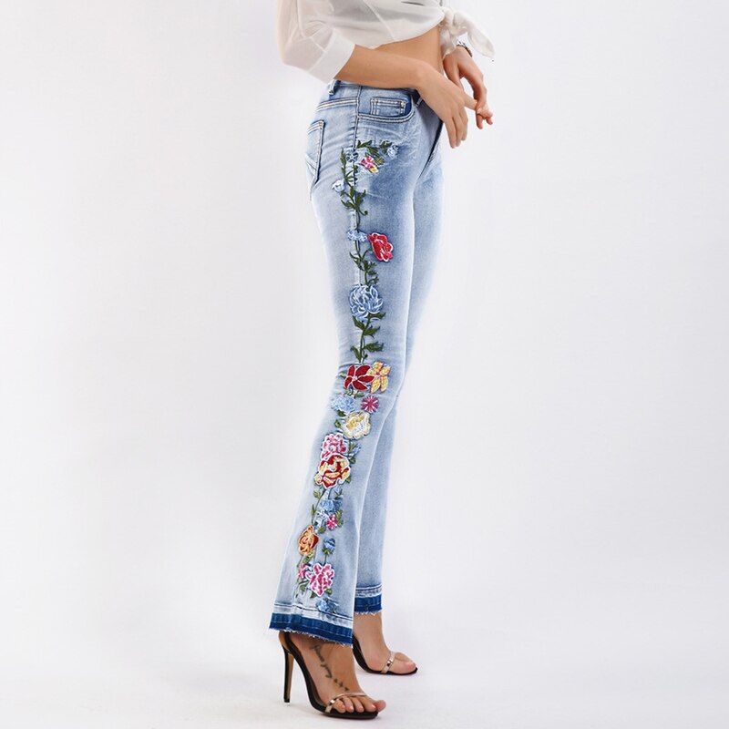 Women Vintage Floral Embroidered Skinny Flare Jeans