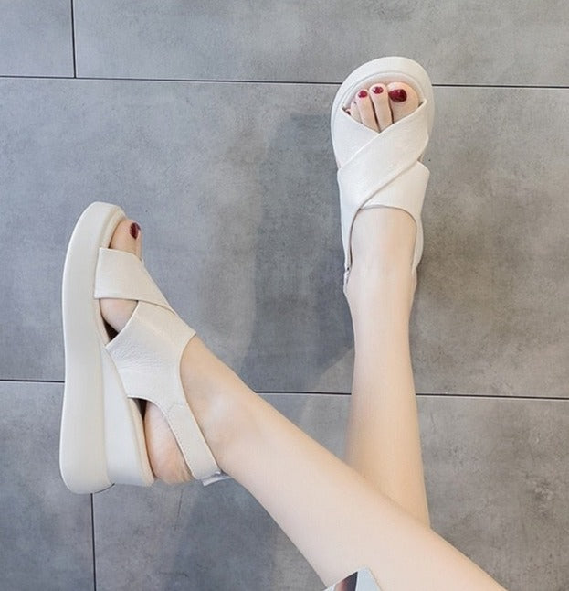 Women Cross Genuine Leather High Heel Casual Sandal
