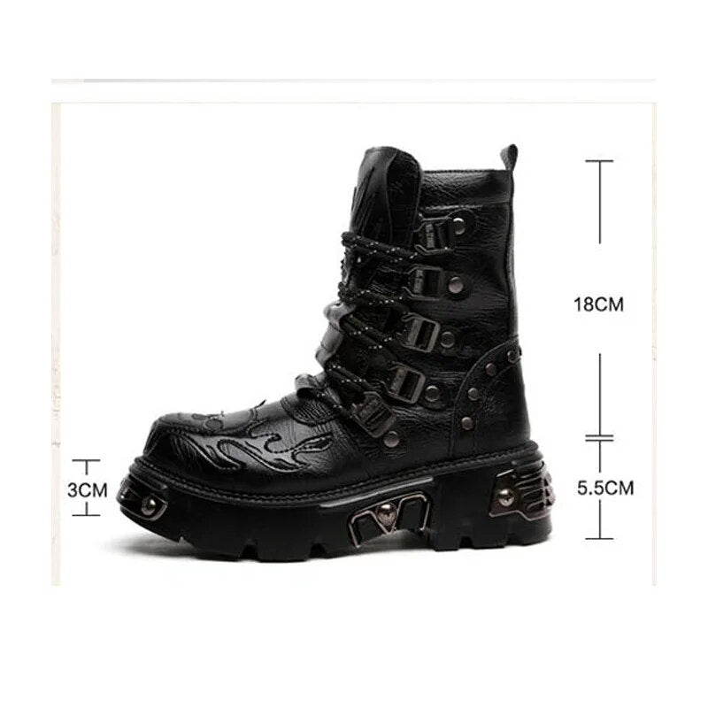 Men Genuine Leather Retro Gothic Punk Motorcycle Boots