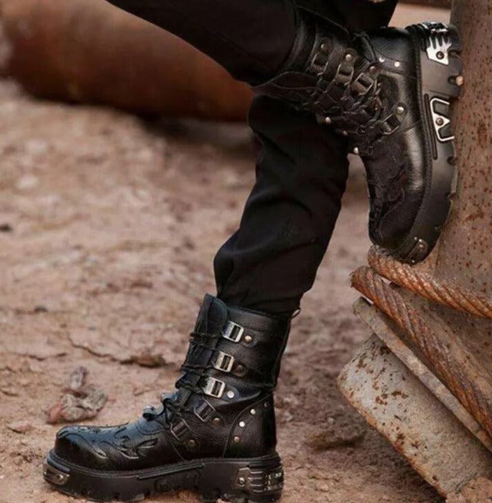 Men Genuine Leather Retro Gothic Punk Motorcycle Boots