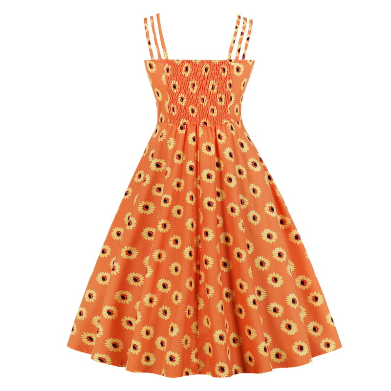 Women Daisy Floral Spaghetti Strap Vintage Swing Dress