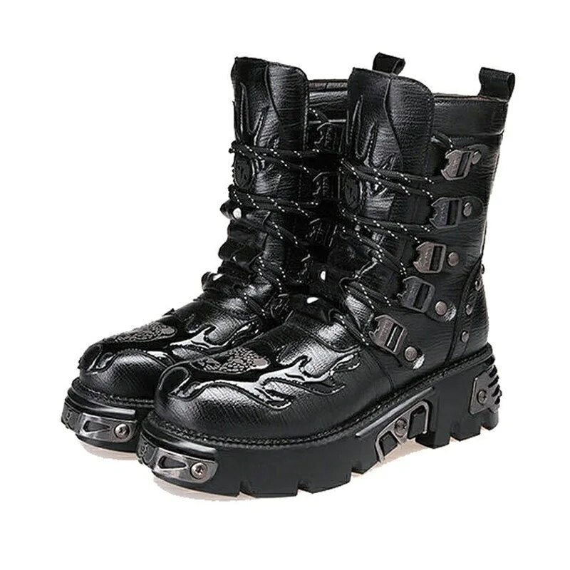 Men Genuine Leather Retro Gothic Punk Motorcycle Boots