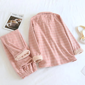 Women Thick Velvet Plaid Pyjamas Set