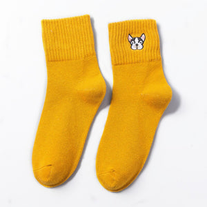 Women Embroidery Cartoon French Bulldog Cotton Sock