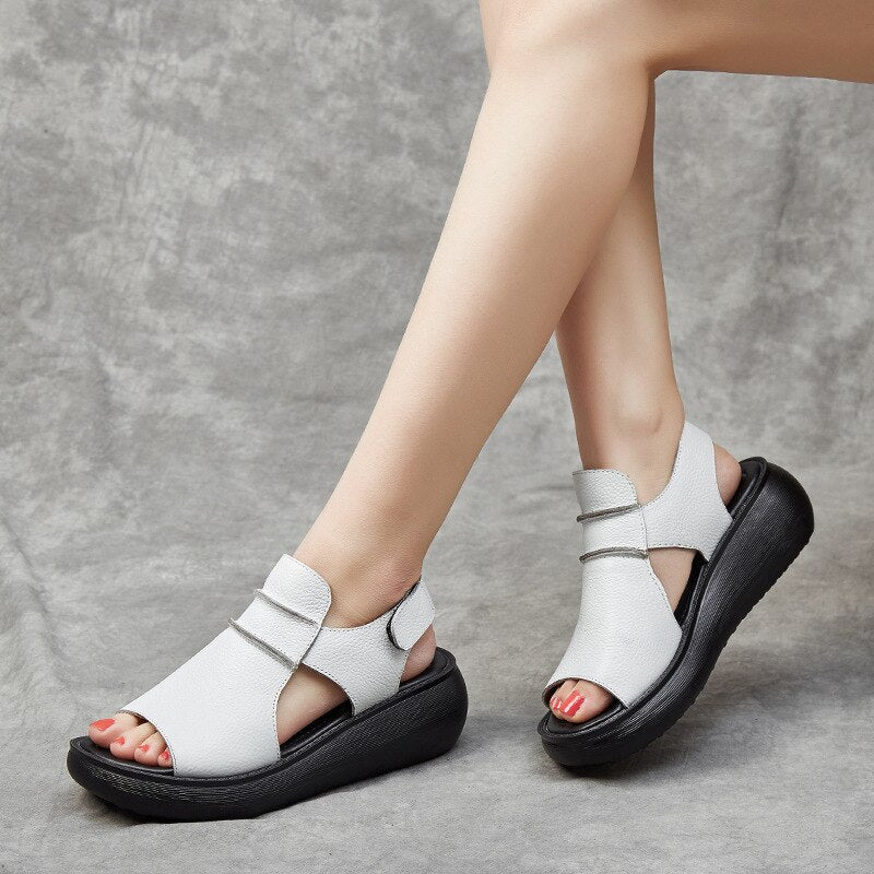 Women Thick Bottom Genuine Leather Peep Toe Sandal