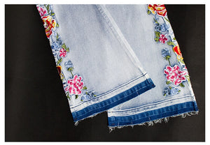 Women Vintage Floral Embroidered Skinny Flare Jeans