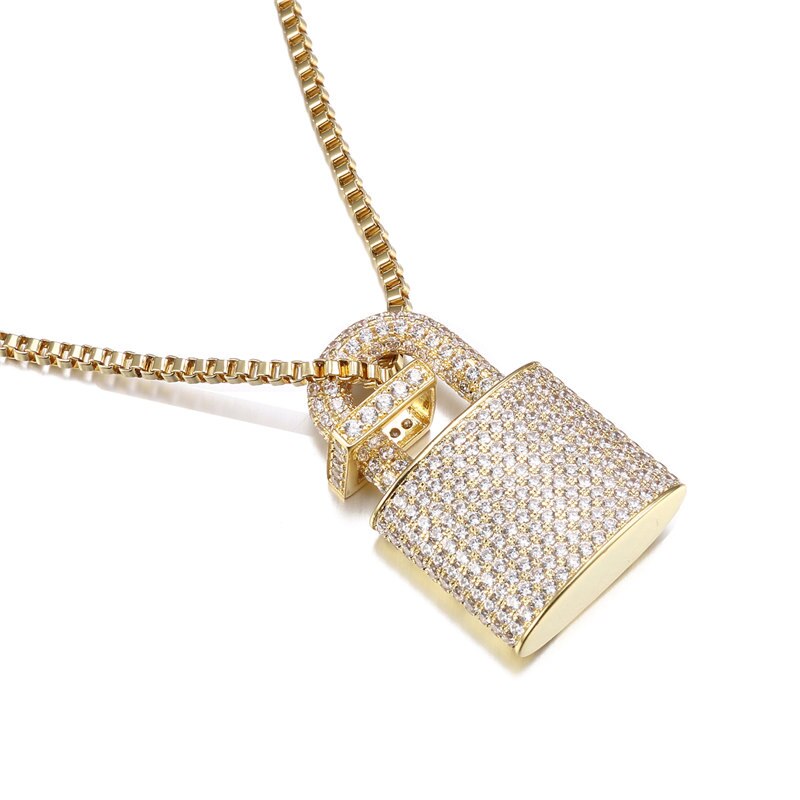 Unisex Crystal Padlock Pendant Hip Hop Zirconia Necklace