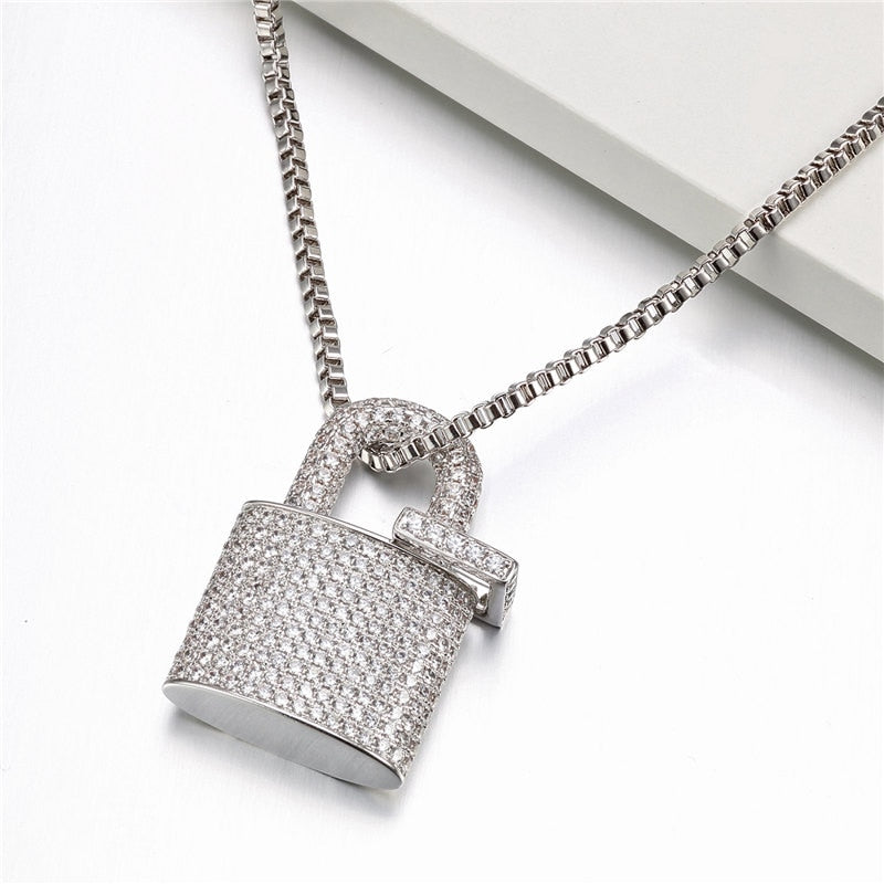 Unisex Crystal Padlock Pendant Hip Hop Zirconia Necklace
