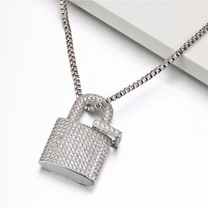 Unisex Crystal Padlock Pendant Hip Hop Zirconia Necklace