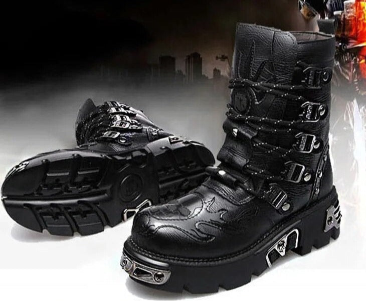 Men Genuine Leather Retro Gothic Punk Motorcycle Boots