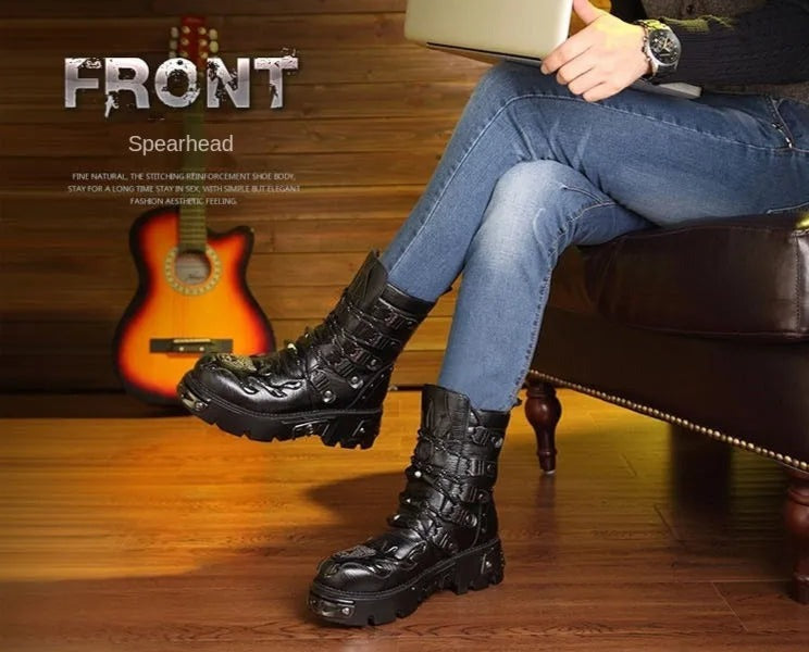 Men Genuine Leather Retro Gothic Punk Motorcycle Boots