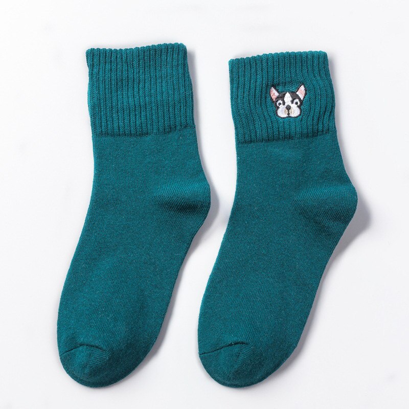 Women Embroidery Cartoon French Bulldog Cotton Sock