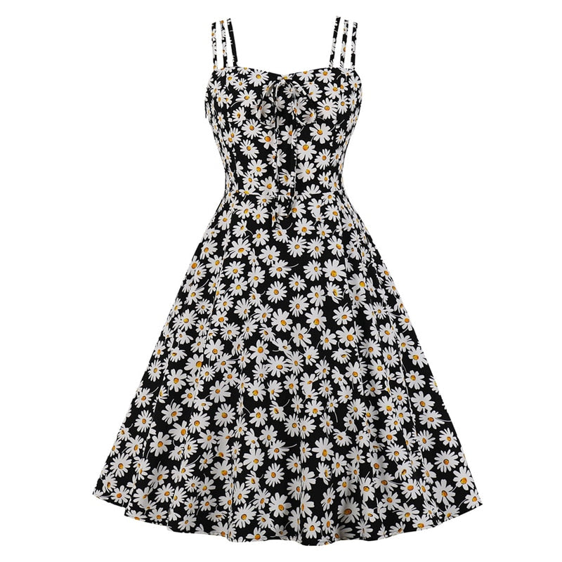 Women Daisy Floral Spaghetti Strap Vintage Swing Dress