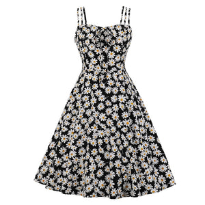 Women Daisy Floral Spaghetti Strap Vintage Swing Dress