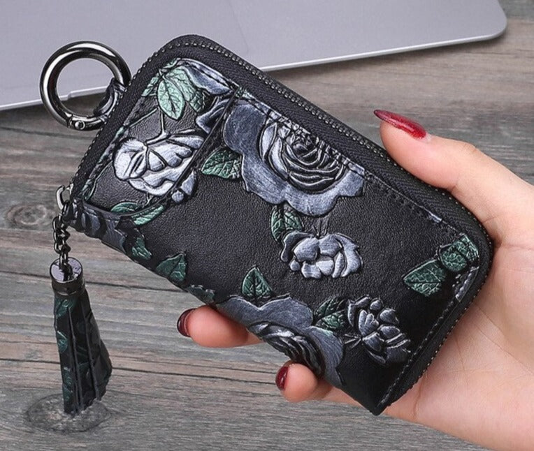 Women Vintage Rose Genuine Leather Key Holder Wallet