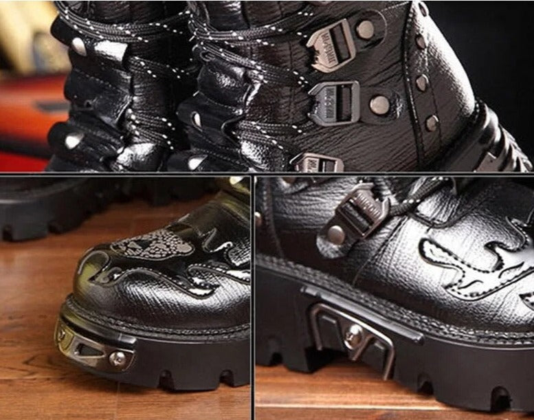 Men Genuine Leather Retro Gothic Punk Motorcycle Boots