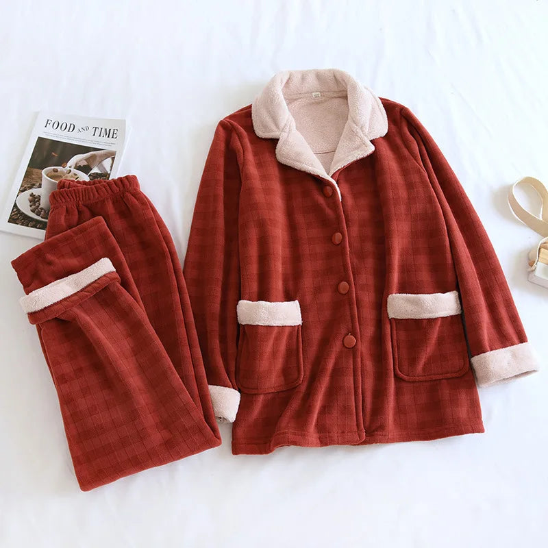 Women Thick Velvet Plaid Pyjamas Set