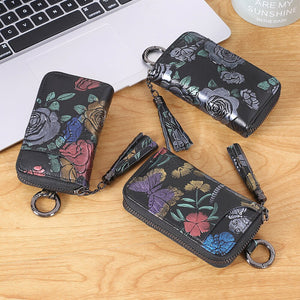 Women Vintage Rose Genuine Leather Key Holder Wallet