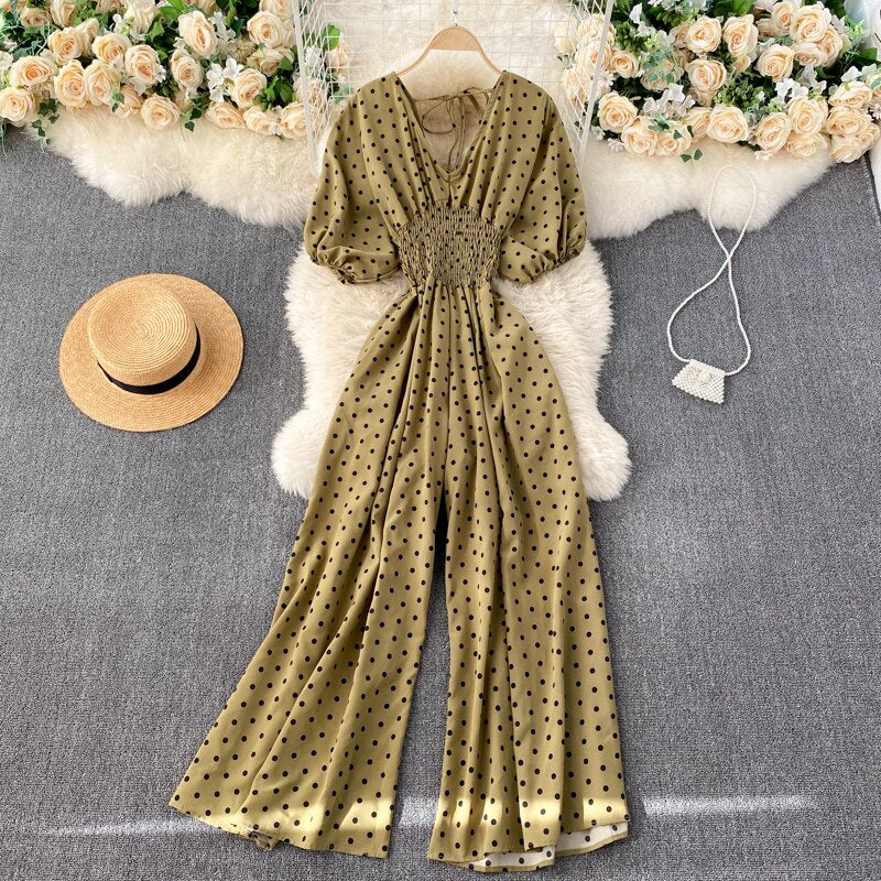 Women Polka Dot Romper Elegant V-Neck Jumpsuit
