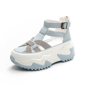 Women Rhinestones Genuine Leather Chunky Shoes