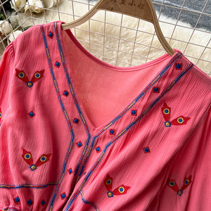 Women Floral Embroidery Boho Vintage Dress