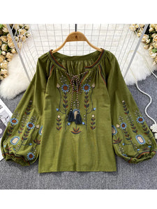 Women Retro Embroidered Casual Blouse