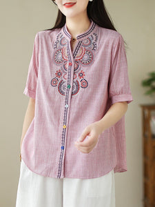 Women Vintage Embroidery Loose Shirt