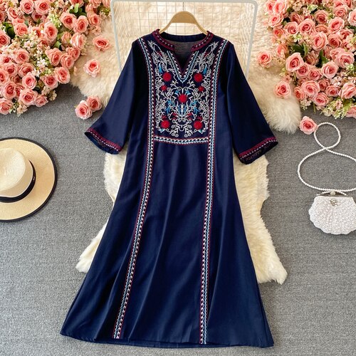 Women Embroidered Vintage V-Neck Dress