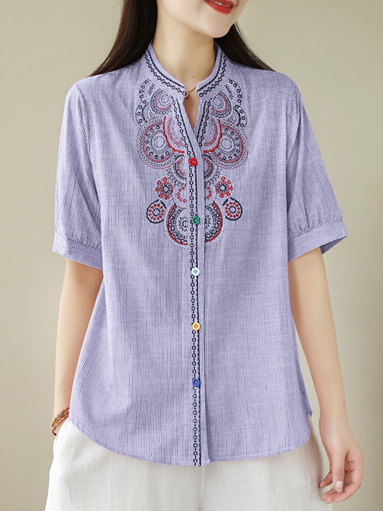Women Vintage Embroidery Loose Shirt