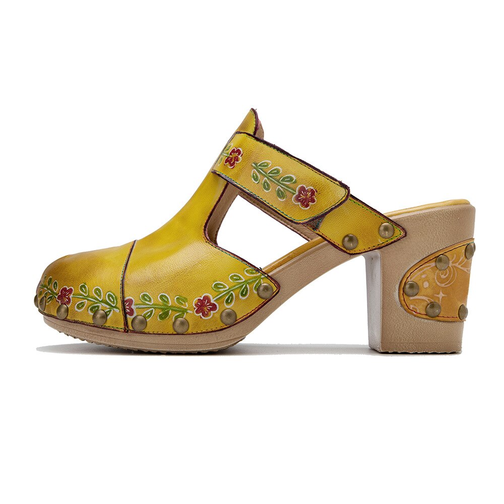 Women Retro Genuine Leather Floral Slippers