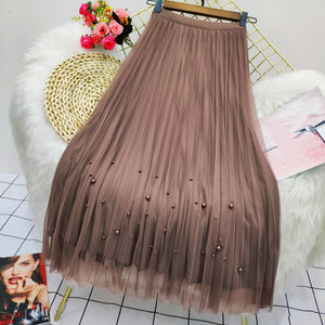 Women Both Sides Wear Pearls Mesh Skirt