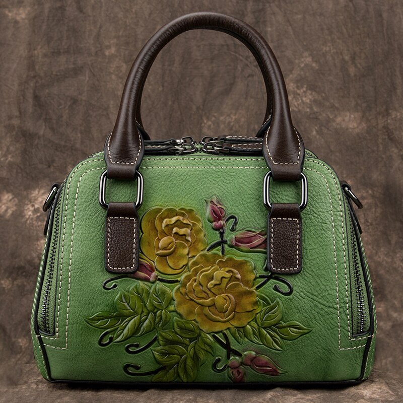 Women Floral Embossed Genuine Leather Handbag