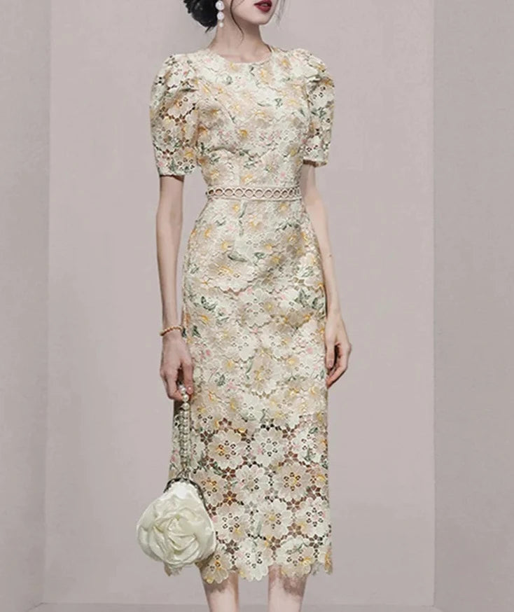 Women Vintage Embroidery Lace Hollow Out Dress