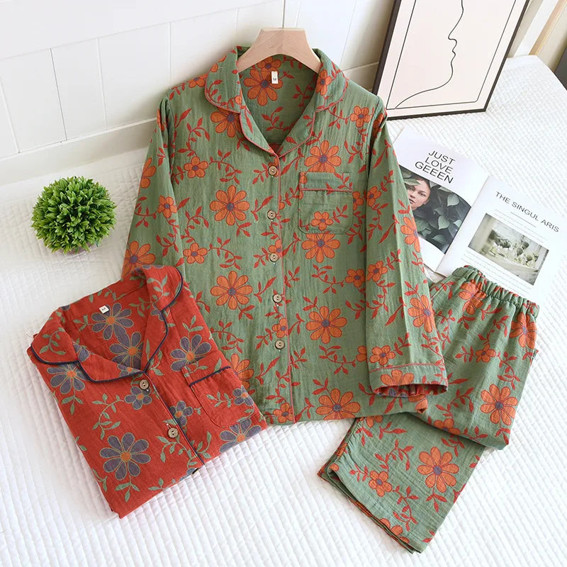 Women Vintage Floral Cotton Pyjamas Set