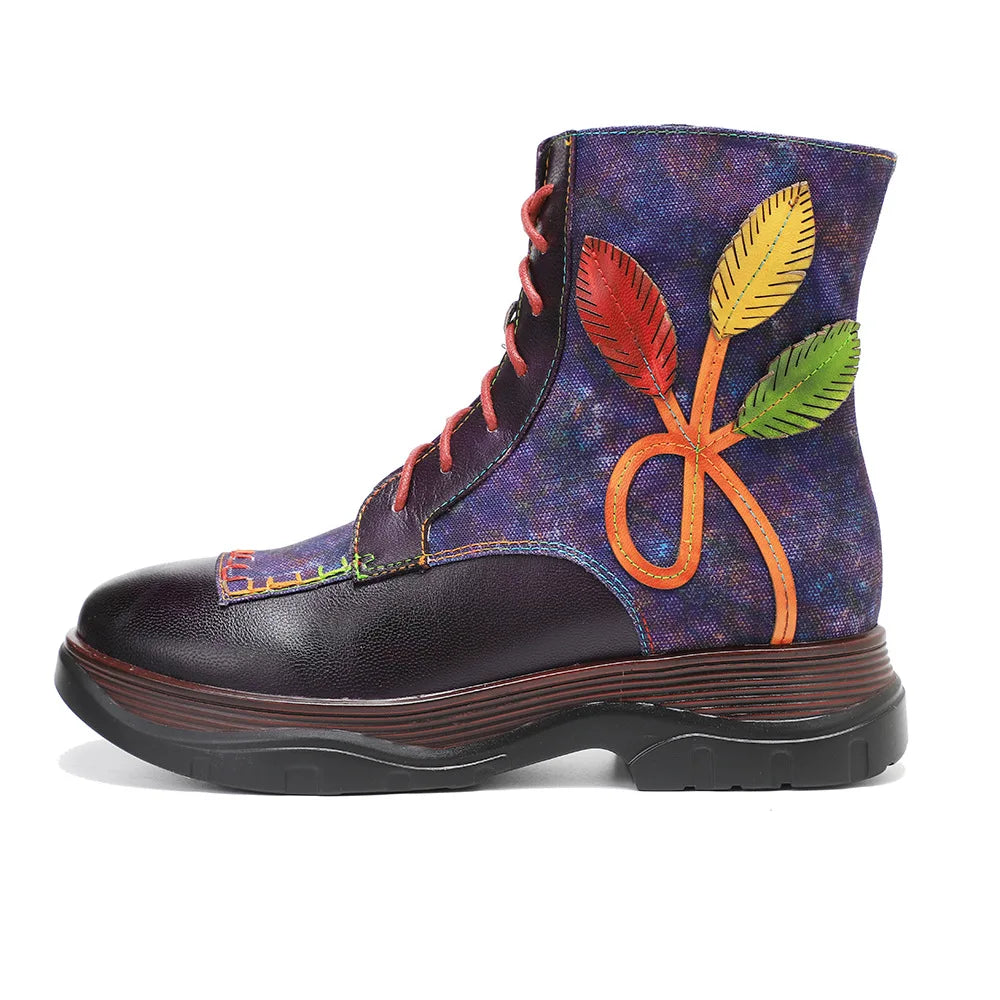 Women Retro Genuine Leather Floral Ankle Boots