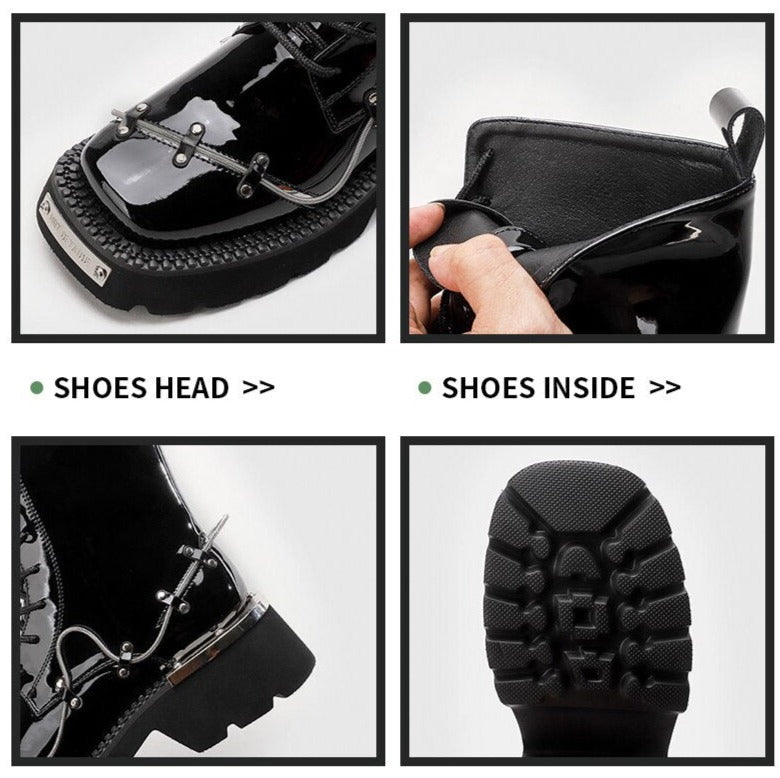 Women Ankle Lace Up Metal Glossy Casual Boots