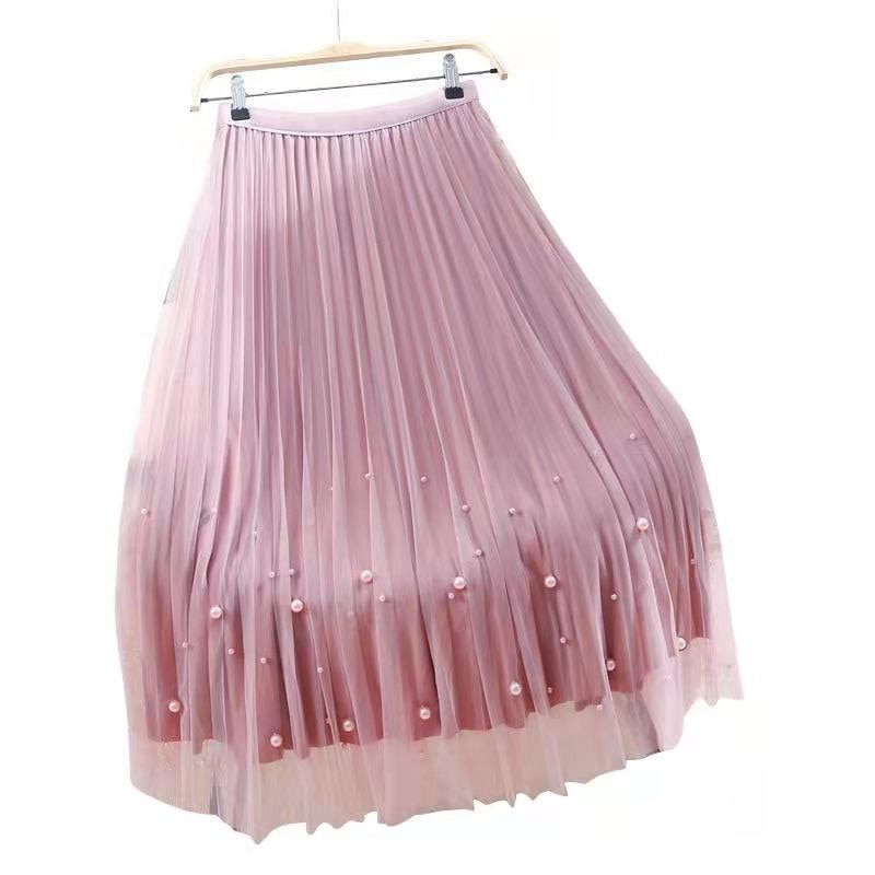 Women Both Sides Wear Pearls Mesh Skirt