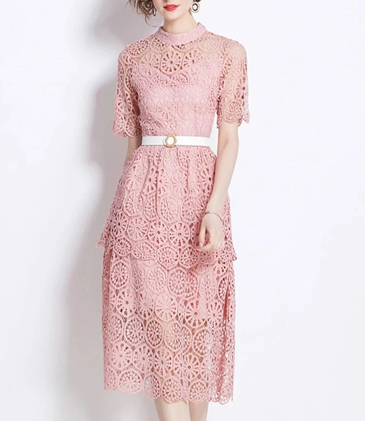 Women Chic Short Sleeve Lace Hollow Out Vestidos Dress