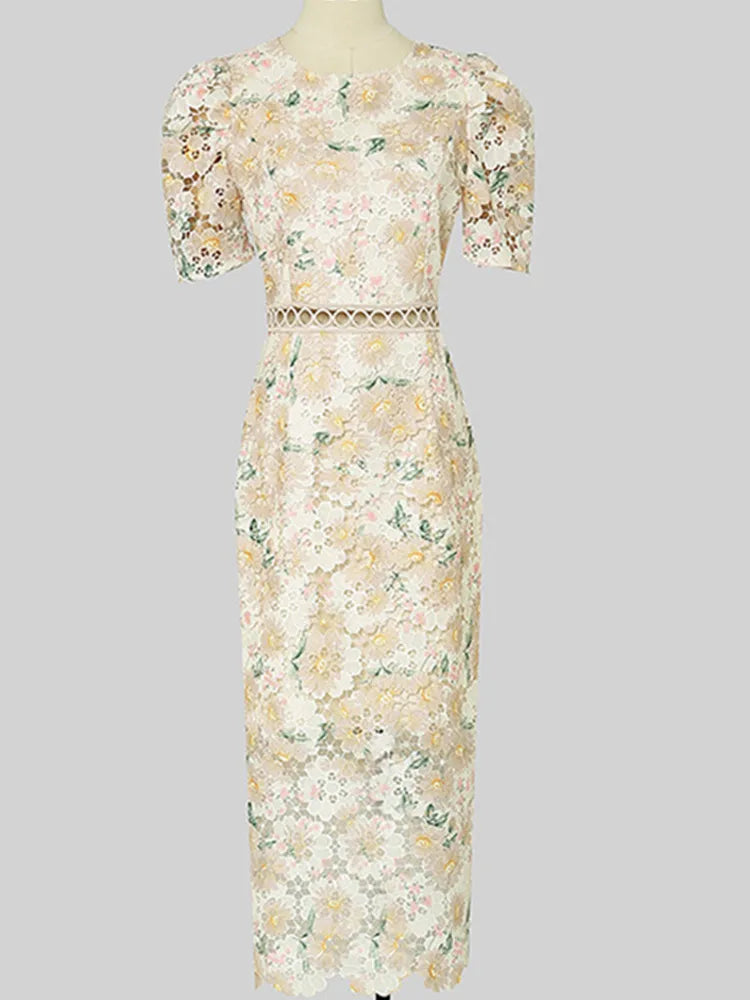 Women Vintage Embroidery Lace Hollow Out Dress