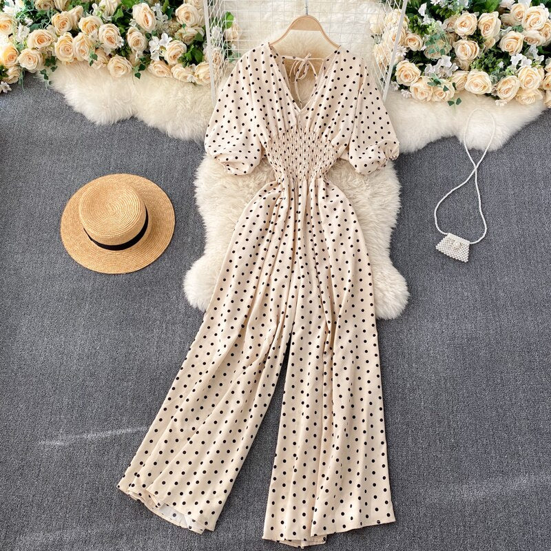 Women Polka Dot Romper Elegant V-Neck Jumpsuit