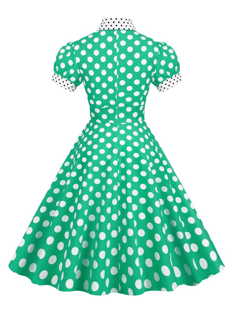 Women Contrast Dotted Collar Rockabilly Vintage Dress